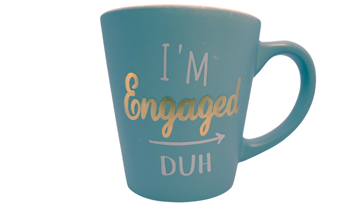 I'm Engaged Duh Mug front view with aqua finish and metallic gold engagement lettering