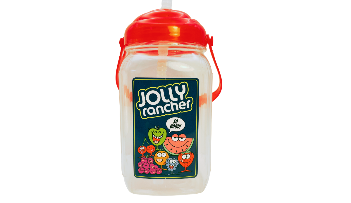 Jolly Rancher Drink Jug With Straw featuring colorful fruit character graphics