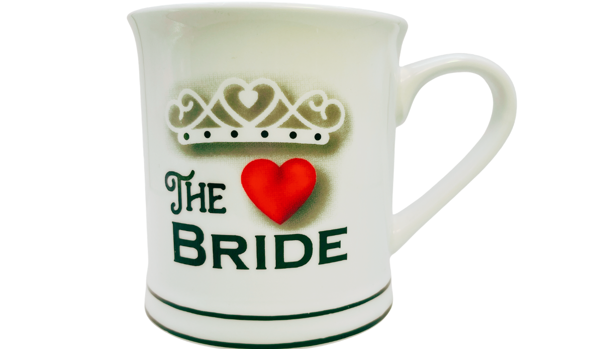 The Bride Tiara Heart Mug front view with tiara graphic red heart and bridal lettering