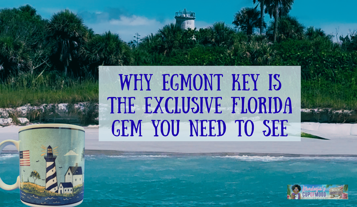 Egmont Key shoreline and lighthouse area viewed across turquoise Gulf water