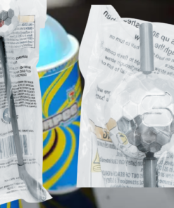 Silver Slurpee disco ball light-up straw displayed with colorful Slurpee beverages