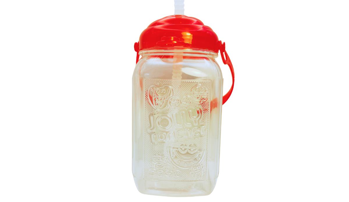 Back view of Jolly Rancher Drink Jug With Straw with embossed character panel