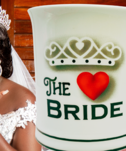 The Bride Tiara Heart Mug displayed with smiling bride in wedding attire