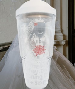 Tervis Bride Word Cloud Wedding Tumbler displayed with bridal gown and wedding setting