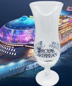 Royal Caribbean Cruise Line Souvenir Hurricane Glass displayed with Royal Caribbean cruise ship