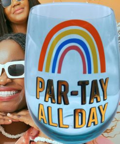 Hallmark Partay All Day Giant Wine Glass styled with a group of women at a fun celebration