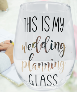 My Wedding Planning Stemless Wine Glass displayed with bride lifestyle image