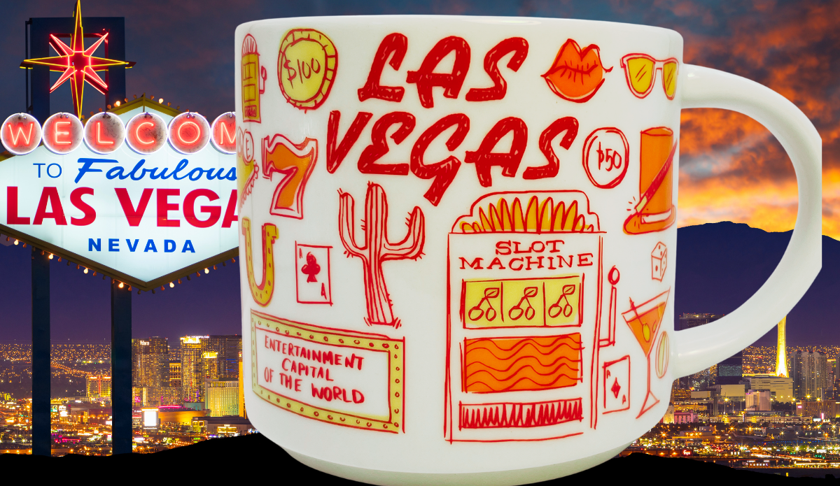 Starbucks Las Vegas Been There Series Mug displayed with Welcome to Fabulous Las Vegas sign