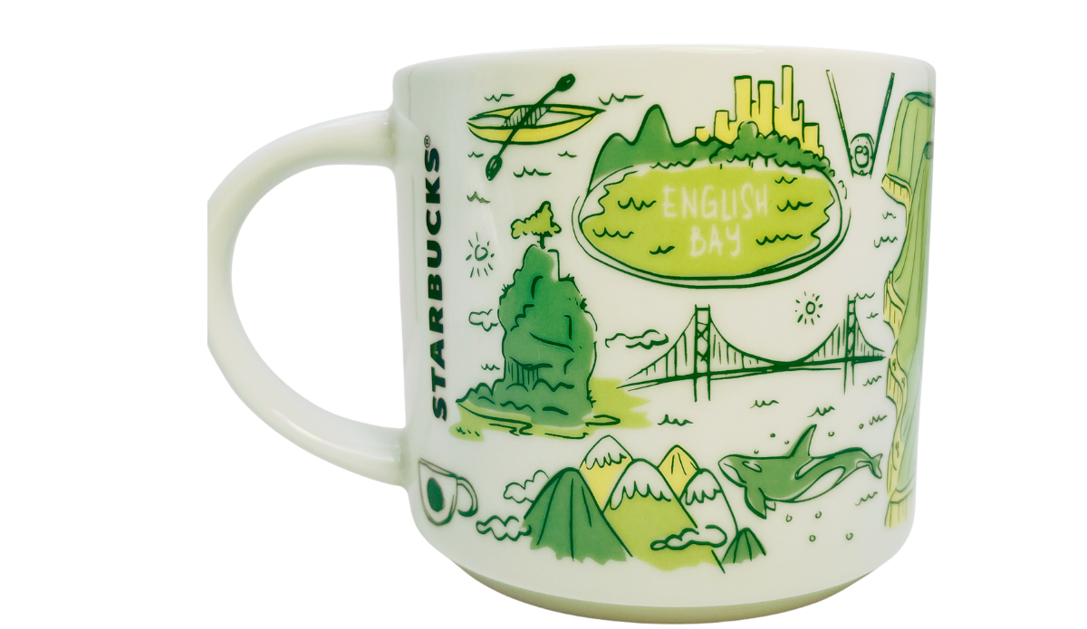 Starbucks Vancouver Been There Series Mug featuring English Bay marine life and Vancouver skyline artwork