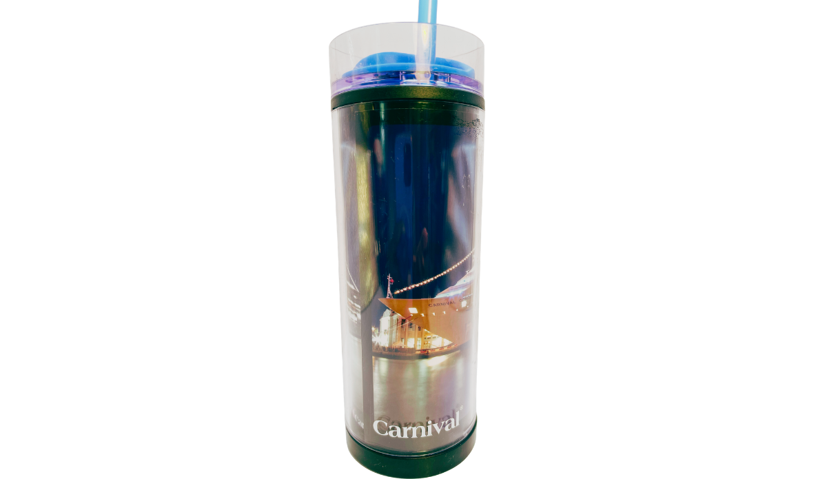 Carnival Conquest travel tumbler front view featuring nighttime cruise ship photography and Carnival logo