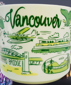 Starbucks Vancouver Been There Series Mug displayed with Vancouver waterfront and skyline at night