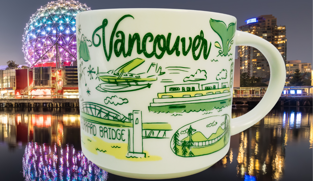 Starbucks Vancouver Been There Series Mug displayed with Vancouver waterfront and skyline at night