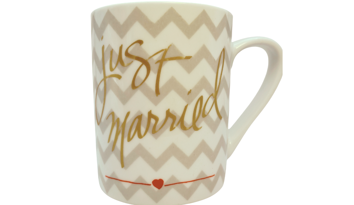 Just Married Chevron Mug by Prima Design with gold script lettering gray chevron pattern and red heart accent