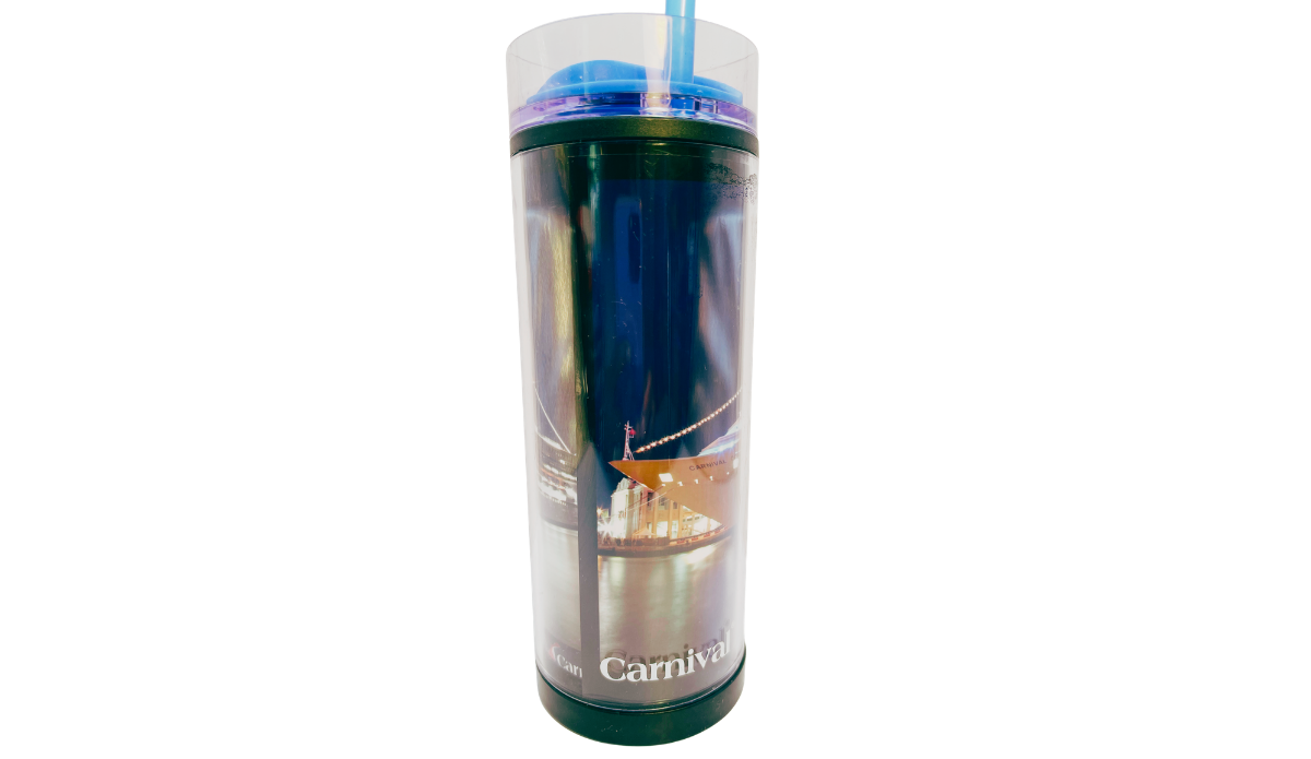 Carnival Conquest travel tumbler side view showing wraparound nighttime ship photography