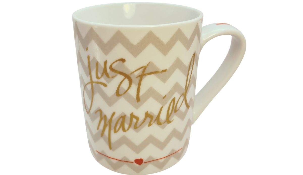 Just Married Chevron Mug angled view showing gold lettering gray chevron design and white interior