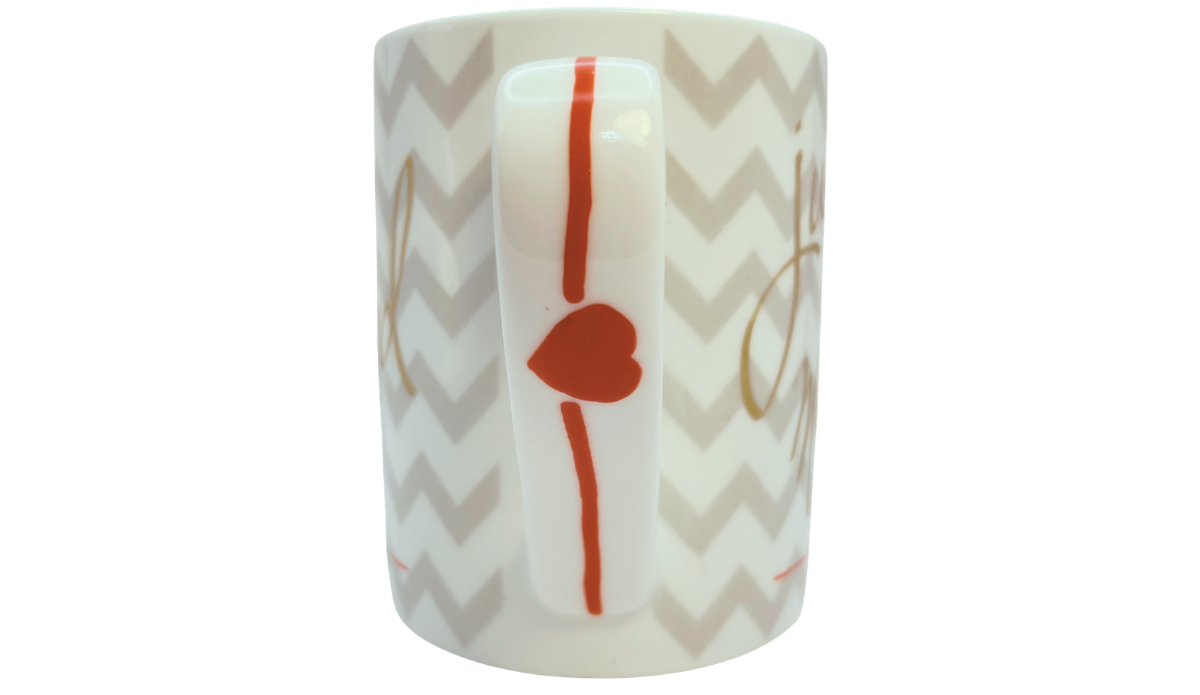 Just Married Chevron Mug handle view featuring red heart detail on white handle