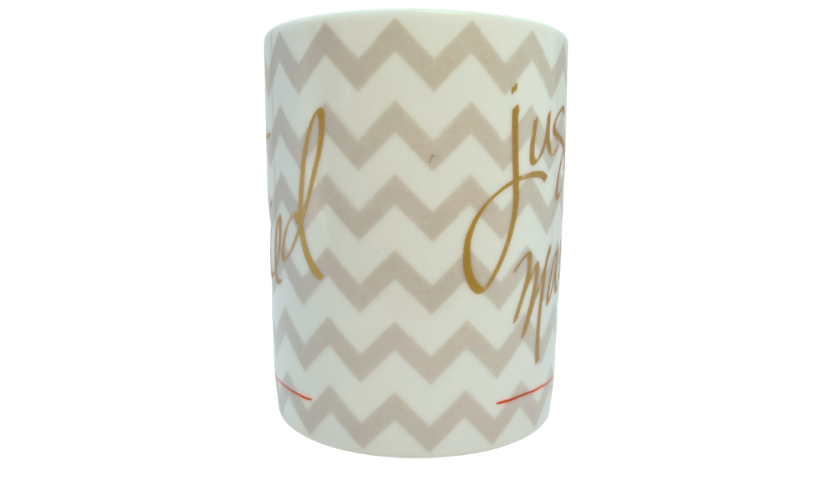 Just Married Chevron Mug middle section view showing wraparound chevron pattern and gold lettering continuation