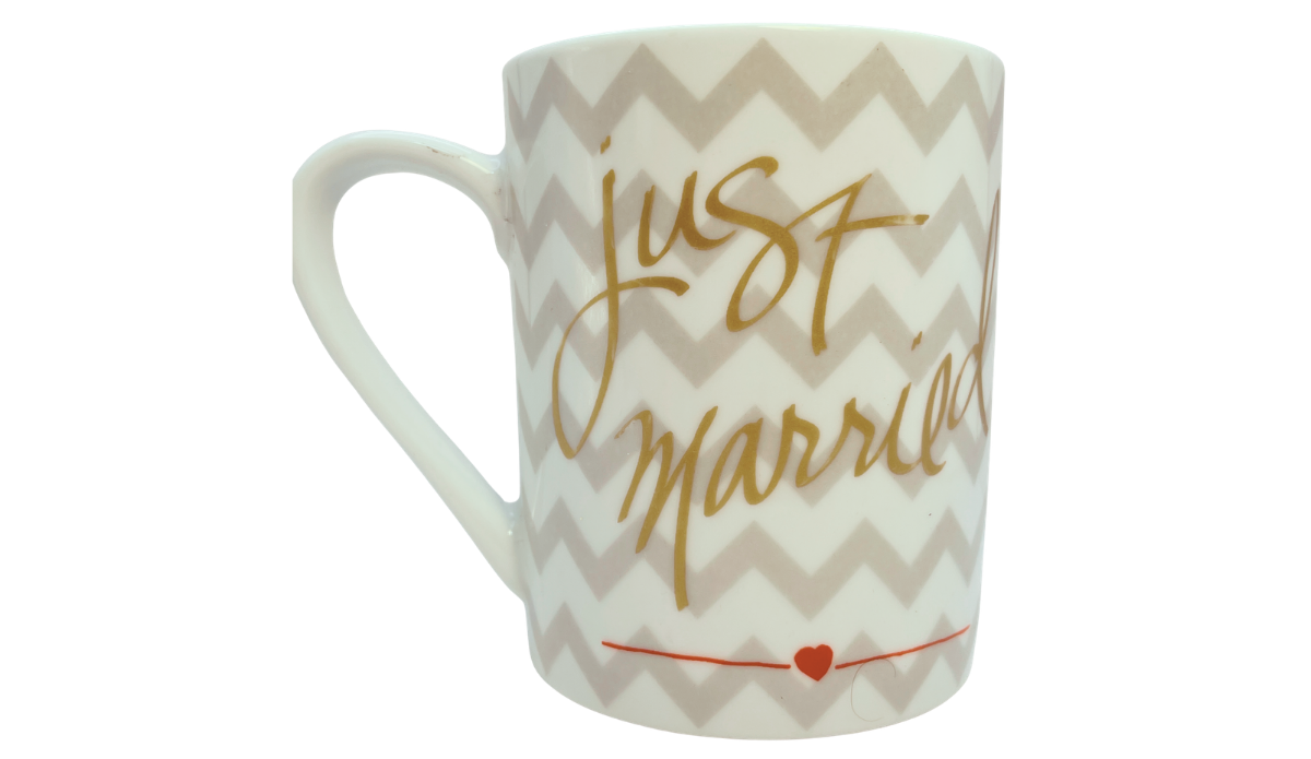 Just Married Chevron Mug opposite side showing reverse angle of gold script and chevron design