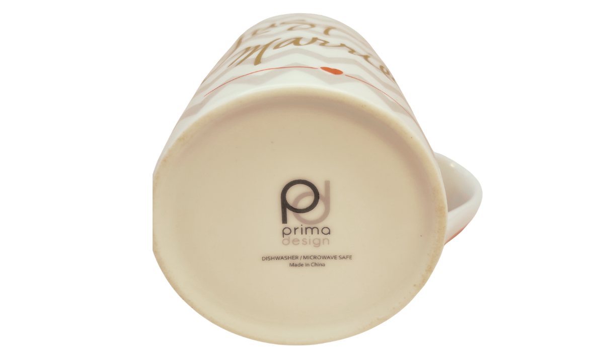 Prima Design Just Married Chevron Mug bottom stamp showing brand logo and maker markings