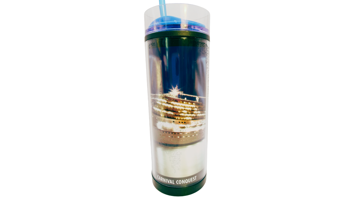 Carnival Conquest travel tumbler back view featuring illuminated cruise ship decks at night