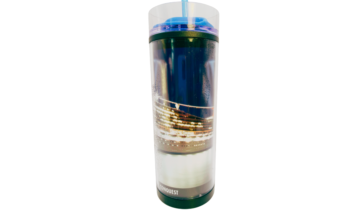 Carnival Conquest travel tumbler left side view with panoramic cruise ship scene