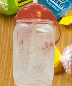 Jolly Rancher Drink Jug With Straw displayed with colorful Jolly Rancher hard candies in the background