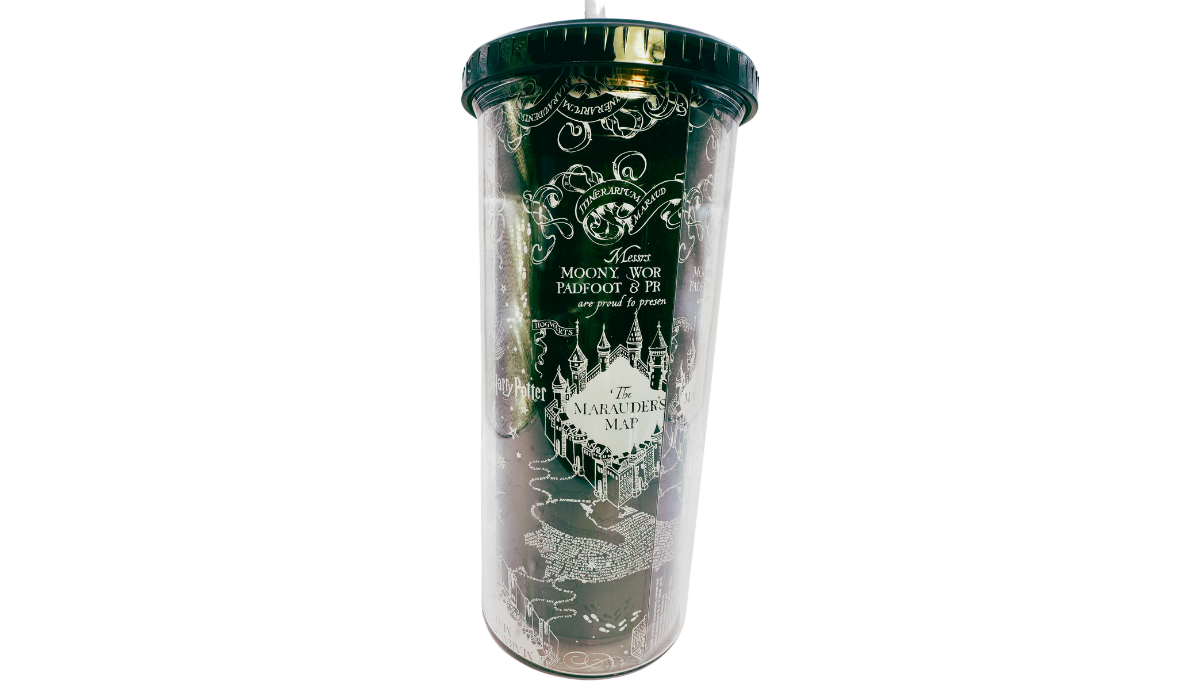 Harry Potter Marauder’s Map acrylic tumbler with map title, Hogwarts towers, footprints, dark twist-on lid, and straw