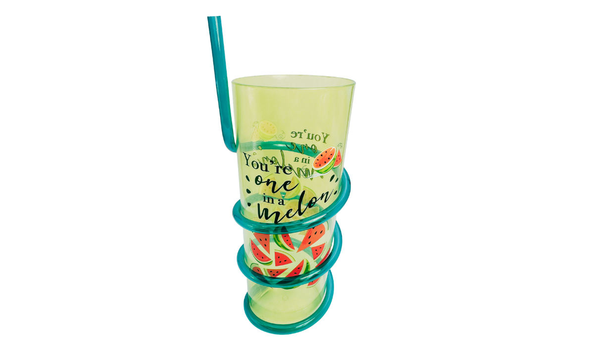 You’re One In A Melon Swirly Straw Acrylic Tumbler front angled view with watermelon artwork, playful lettering, and a teal spiral straw.