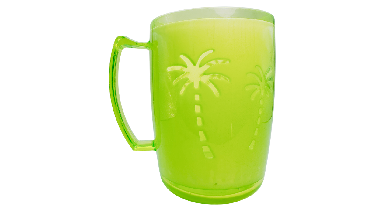 Neon green acrylic tumbler back view with wraparound embossed palm tree design
