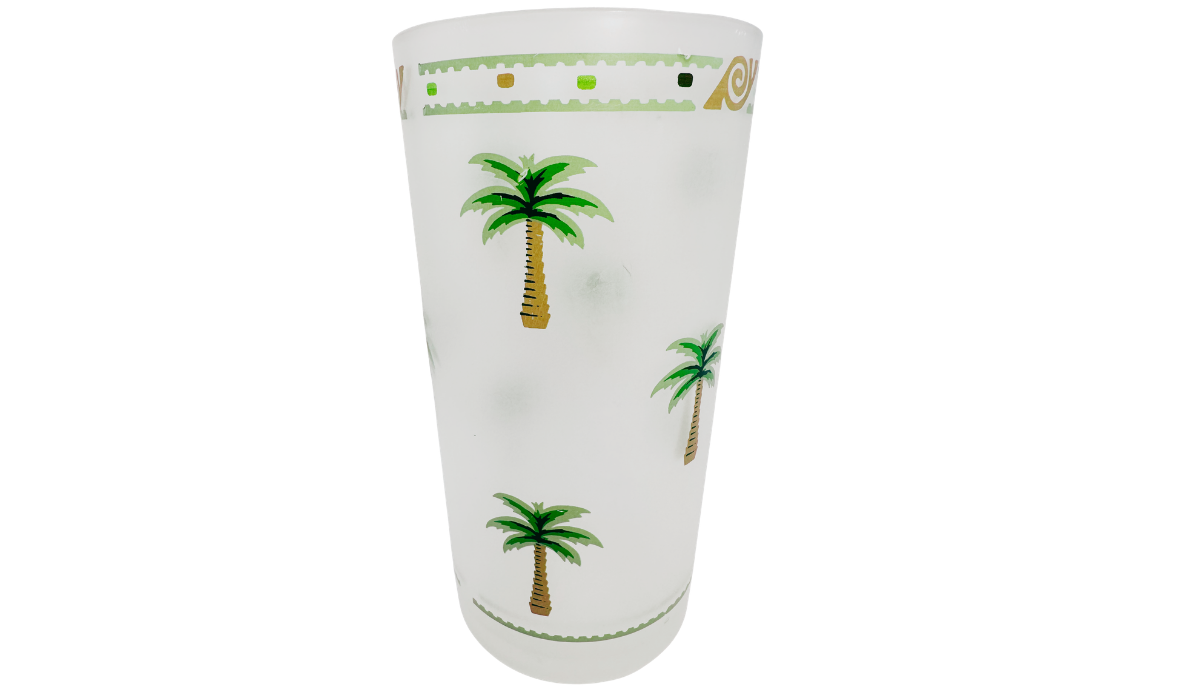 Angled front view of Vintage Palm Tree Acrylic Tumbler showing frosted finish and tropical palm tree motif