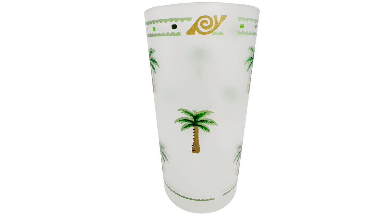 Side view of Vintage Palm Tree Acrylic Tumbler featuring repeating palm tree artwork