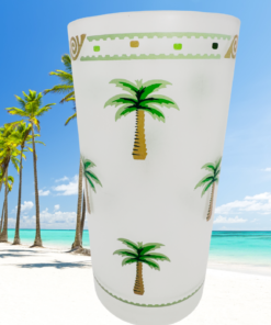 Vintage Palm Tree Acrylic Tumbler on a white sandy beach with turquoise water and swaying palm trees