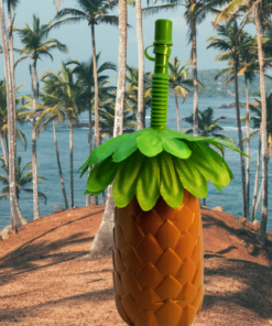 Palm Tree Party Sipper Cup on a sandy beach surrounded by palm trees with a tropical ocean backdrop