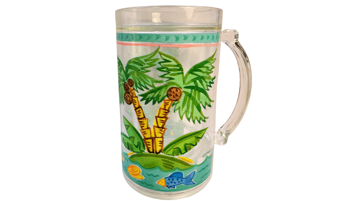 Maret Tropical Palm Tree Freezer Mug featuring colorful island scene with palm trees and tropical fish