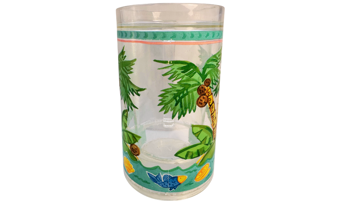 Maret Tropical Palm Tree Freezer Mug showing wraparound tropical island artwork