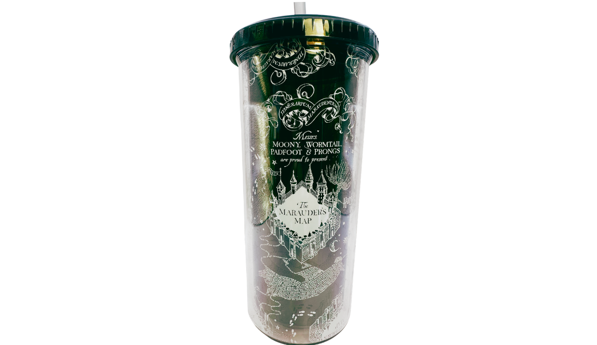 Harry Potter Marauder’s Map acrylic tumbler with map title, Hogwarts towers, footprints, dark twist-on lid, and straw