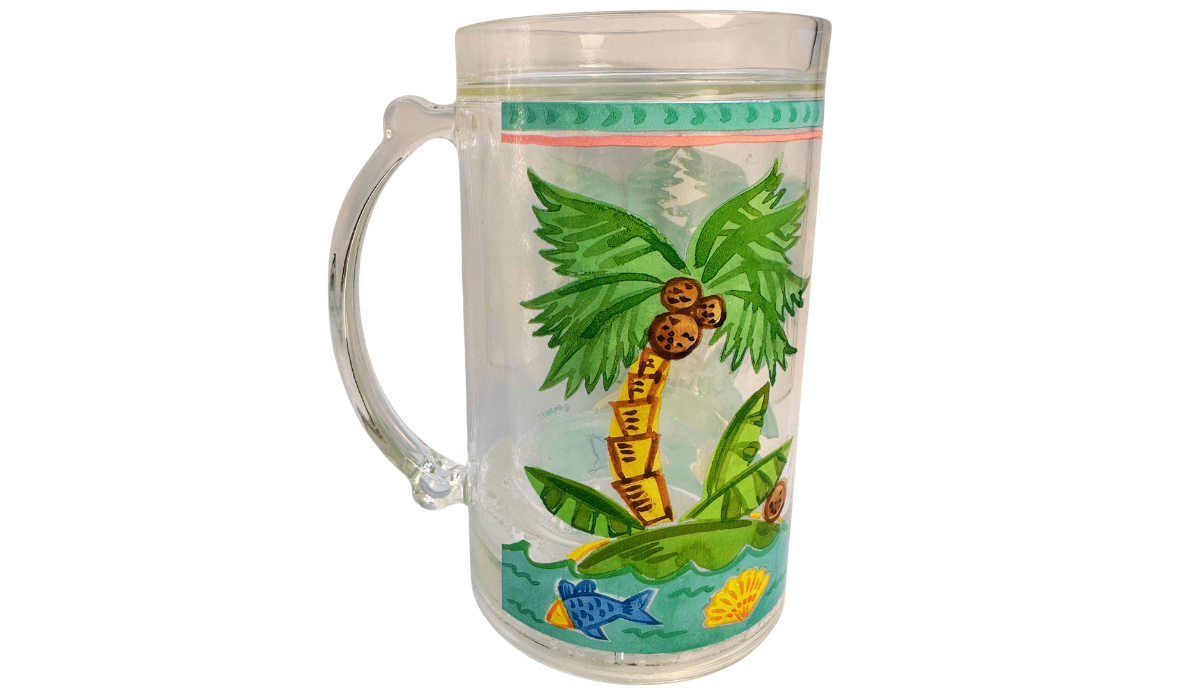 Back view of Maret Tropical Palm Tree Freezer Mug with wraparound island artwork