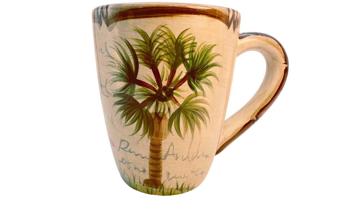 Tabletops Lifestyles Bora Bora Palm Tree Hand Painted Mug with tropical palm tree artwork on the front