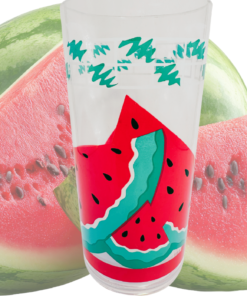 Sweet Summer Time Watermelon Acrylic Wine Tumbler displayed with a whole watermelon and fresh red watermelon slices.