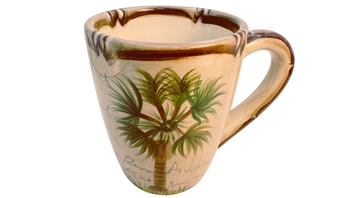 Top view of Tabletops Lifestyles Bora Bora Palm Tree Hand Painted Mug showing wide coffee opening and brown rim