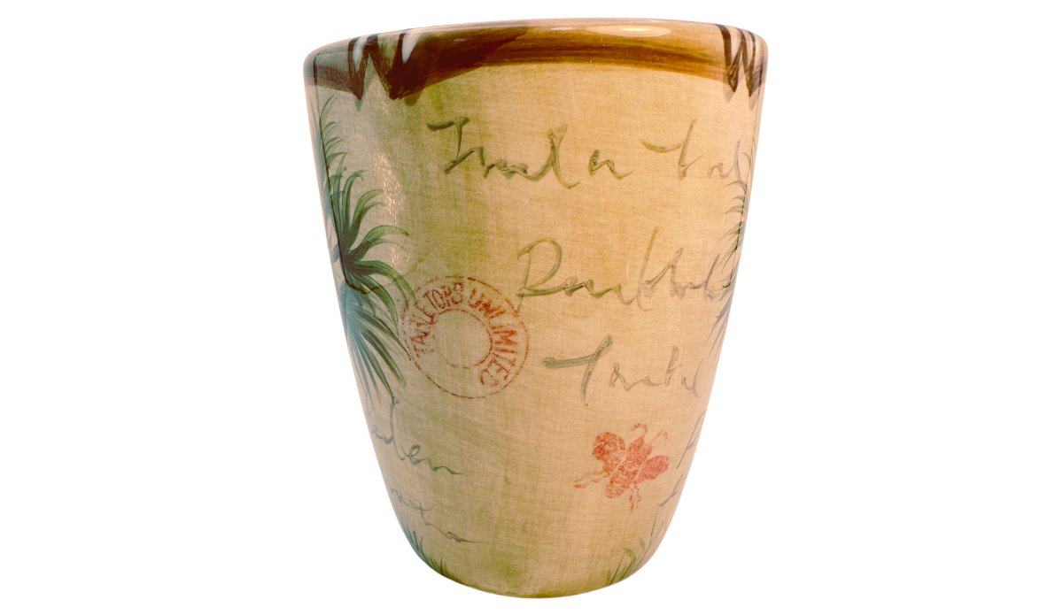 Tabletops Lifestyles Bora Bora Palm Tree Hand Painted Mug showing the central tropical palm tree artwork and softly blended travel-inspired background