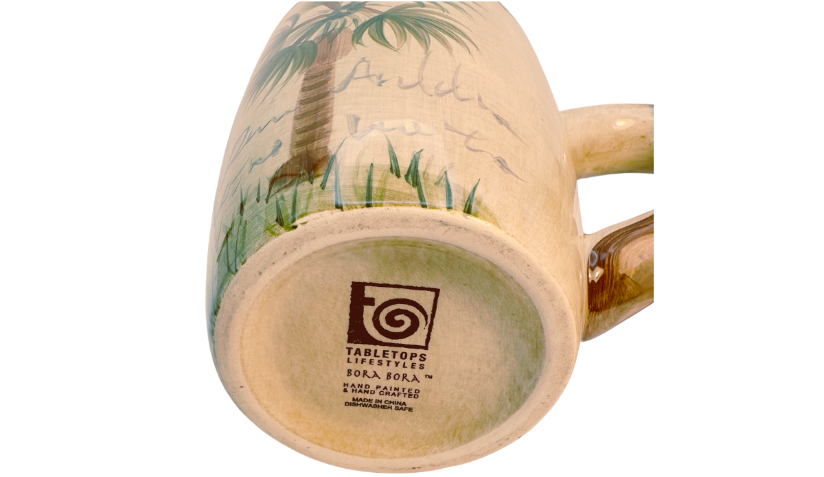 Bottom of Tabletops Lifestyles Bora Bora Palm Tree Hand Painted Mug showing Tabletops Lifestyles Bora Bora maker's mark
