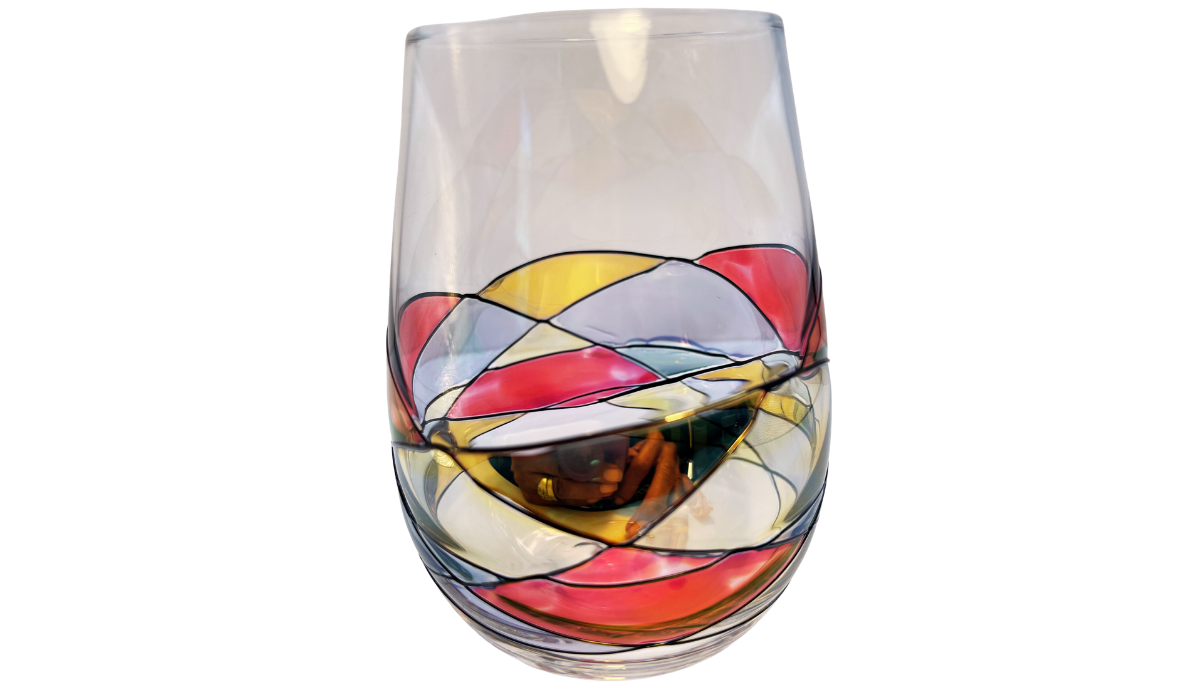 Hand Painted Mosaic Stemless Wine Glass featuring colorful stained glass inspired mosaic artwork