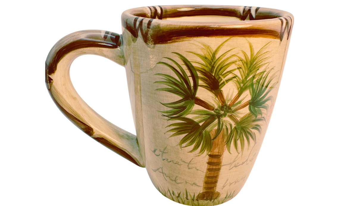 Tabletops Lifestyles Bora Bora Palm Tree Hand Painted Mug with travel inspired script on the reverse side
