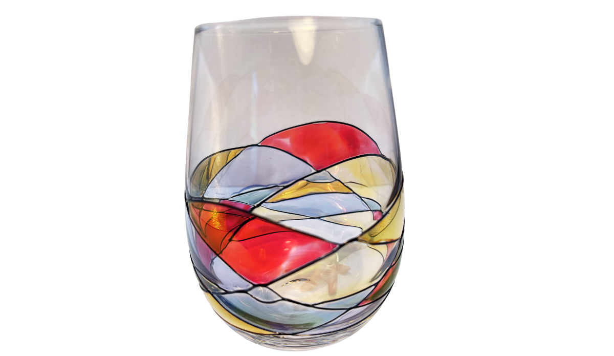 Left side of Hand Painted Mosaic Stemless Wine Glass showing flowing colorful mosaic artwork