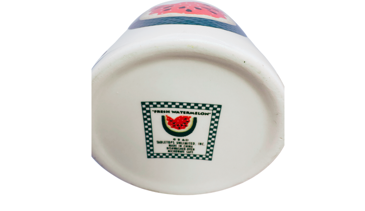 Vintage Tabletops Unlimited Fresh Watermelon Oversized Coffee Mug bottom view showing the Fresh Watermelon pattern and Tabletops Unlimited label.