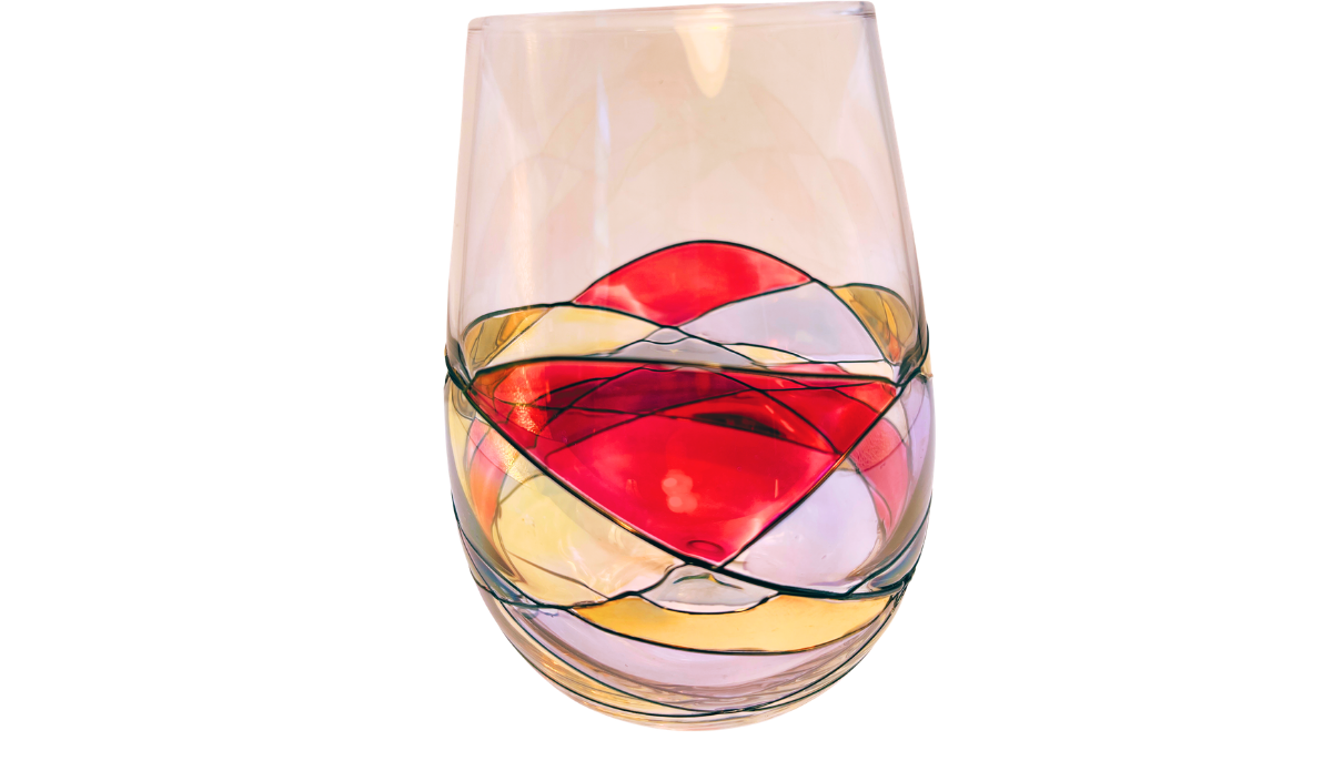 Right side of Hand Painted Mosaic Stemless Wine Glass with colorful abstract mosaic design