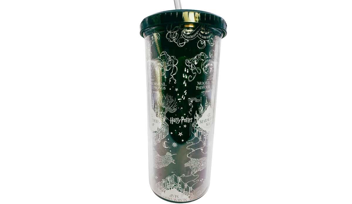 Harry Potter Marauder’s Map Tumbler with Harry Potter logo, magical footprints, silver map details, dark lid, and straw
