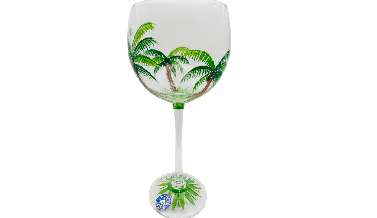 Block Basics Palm Breeze wine glass right side with wraparound palm tree artwork