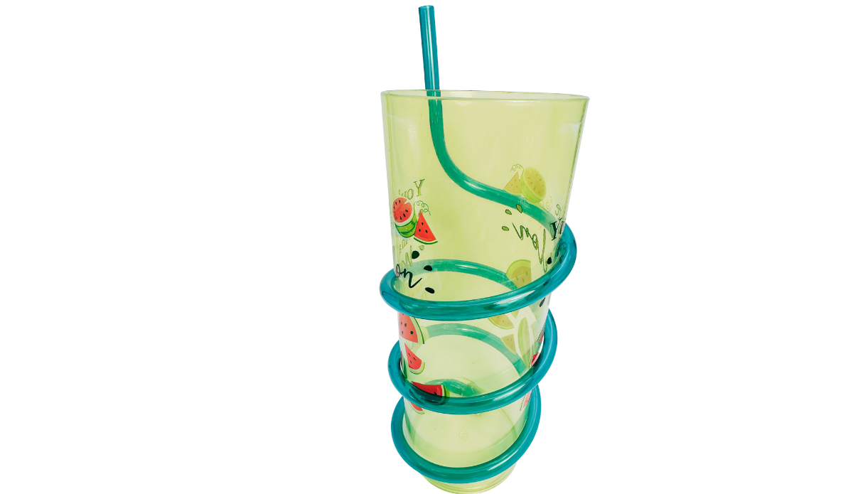 You’re One In A Melon Swirly Straw Acrylic Tumbler first middle view with a teal spiral straw and fruit artwork on a light watermelon rind green body.